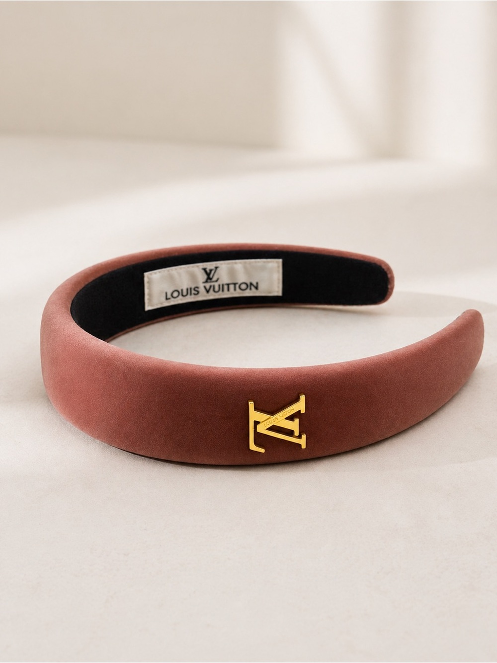 Louis Vuitton Rust-Brown Padded Headband with Gold LV Emblem - Picture 2 of 4
